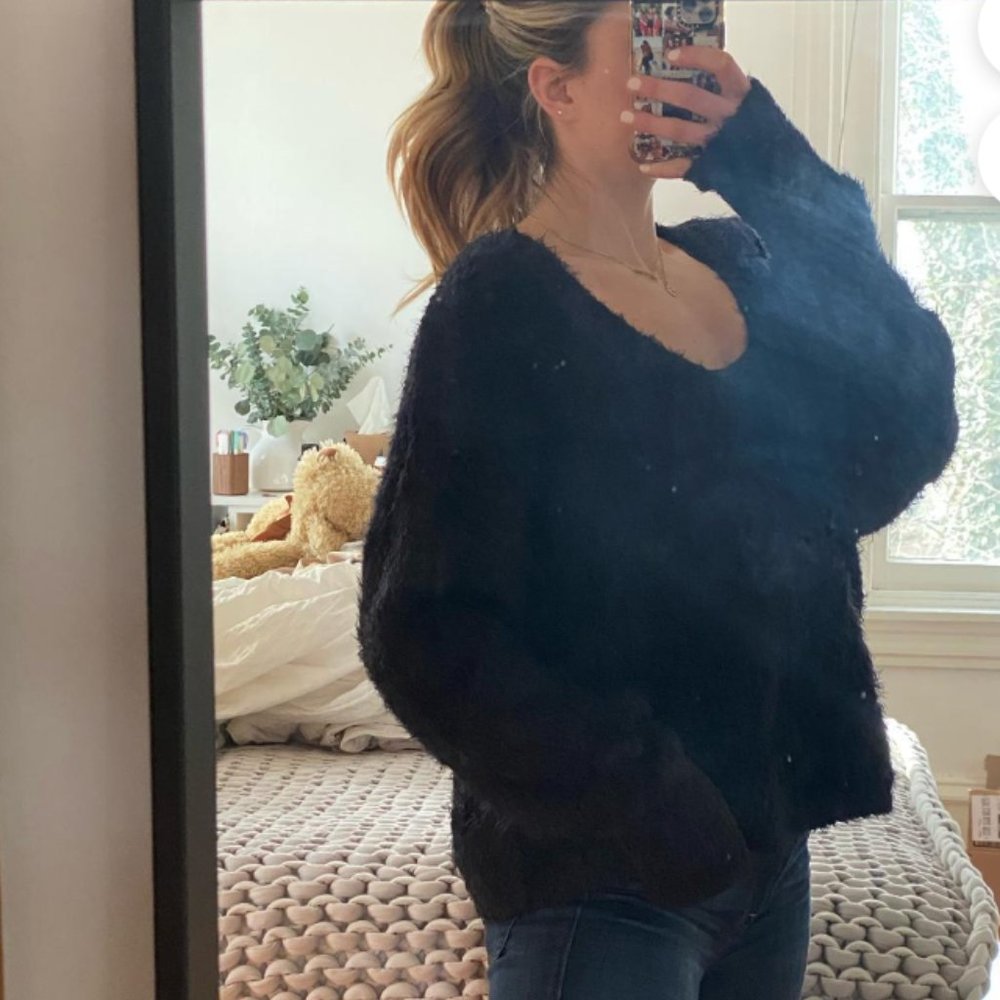 Free People "Icing" Oversized V-neck Cozy Sweater in Black